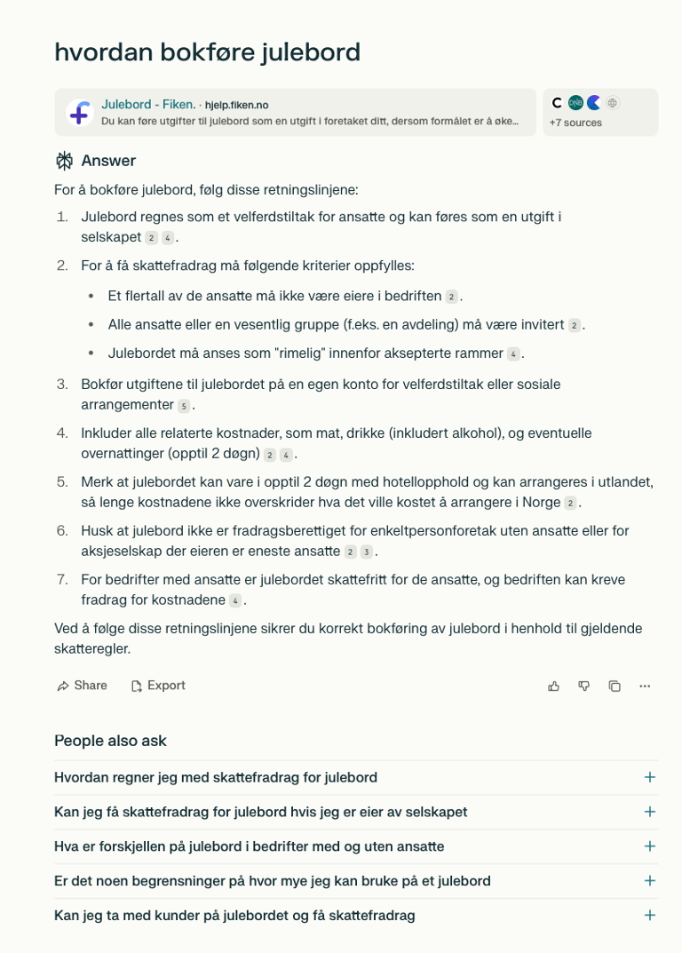 Hvordan bokføre julebord svar fra Perplexity
