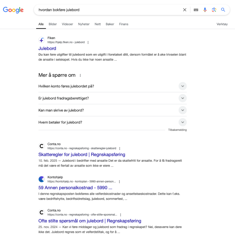 Google søk om hvordan man bokfører julebord
