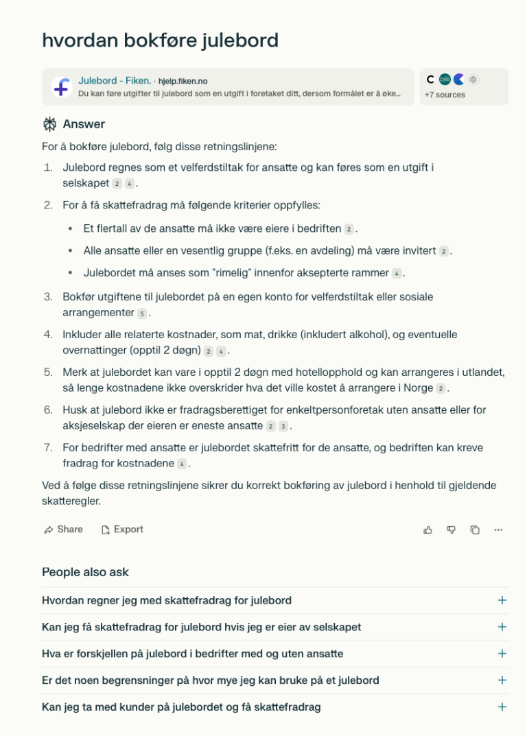 Hvordan bokføre julebord søk på Perplexity